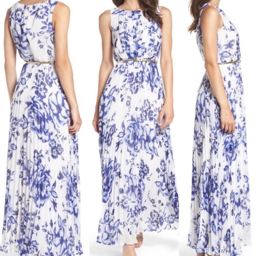Eliza J Blue & White Floral Chiffon Dress (16)